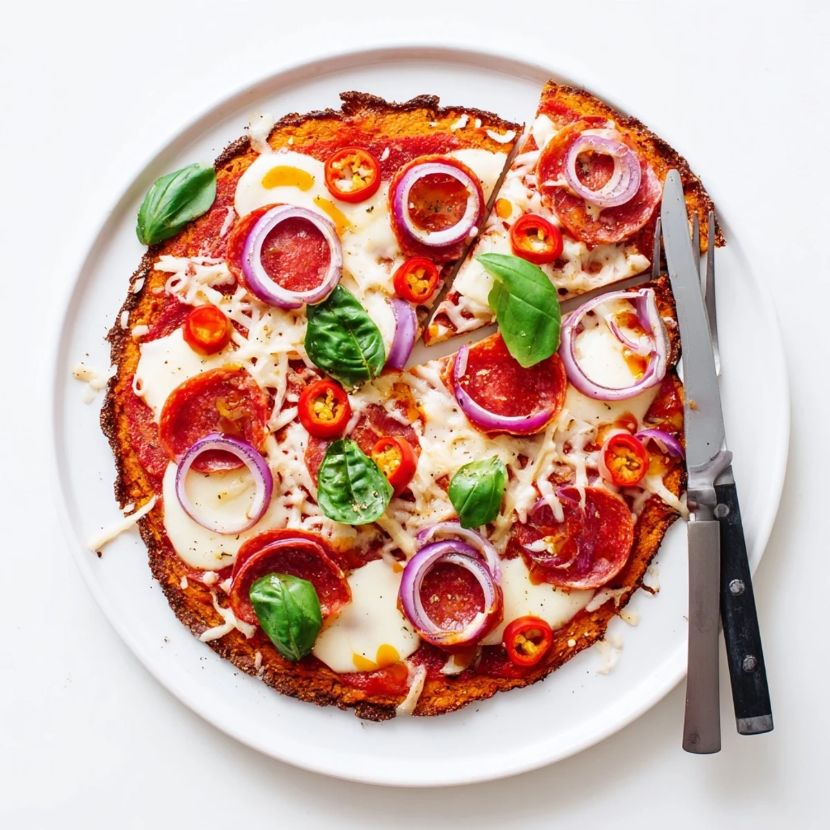 Spicy pepperoni hot honey pizza with crispy sweet potato crust topped with melted cheese and hot peppers