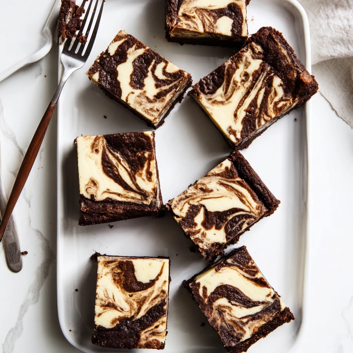 Fudgy sourdough cheesecake brownie bars with creamy marble swirls on a white plate