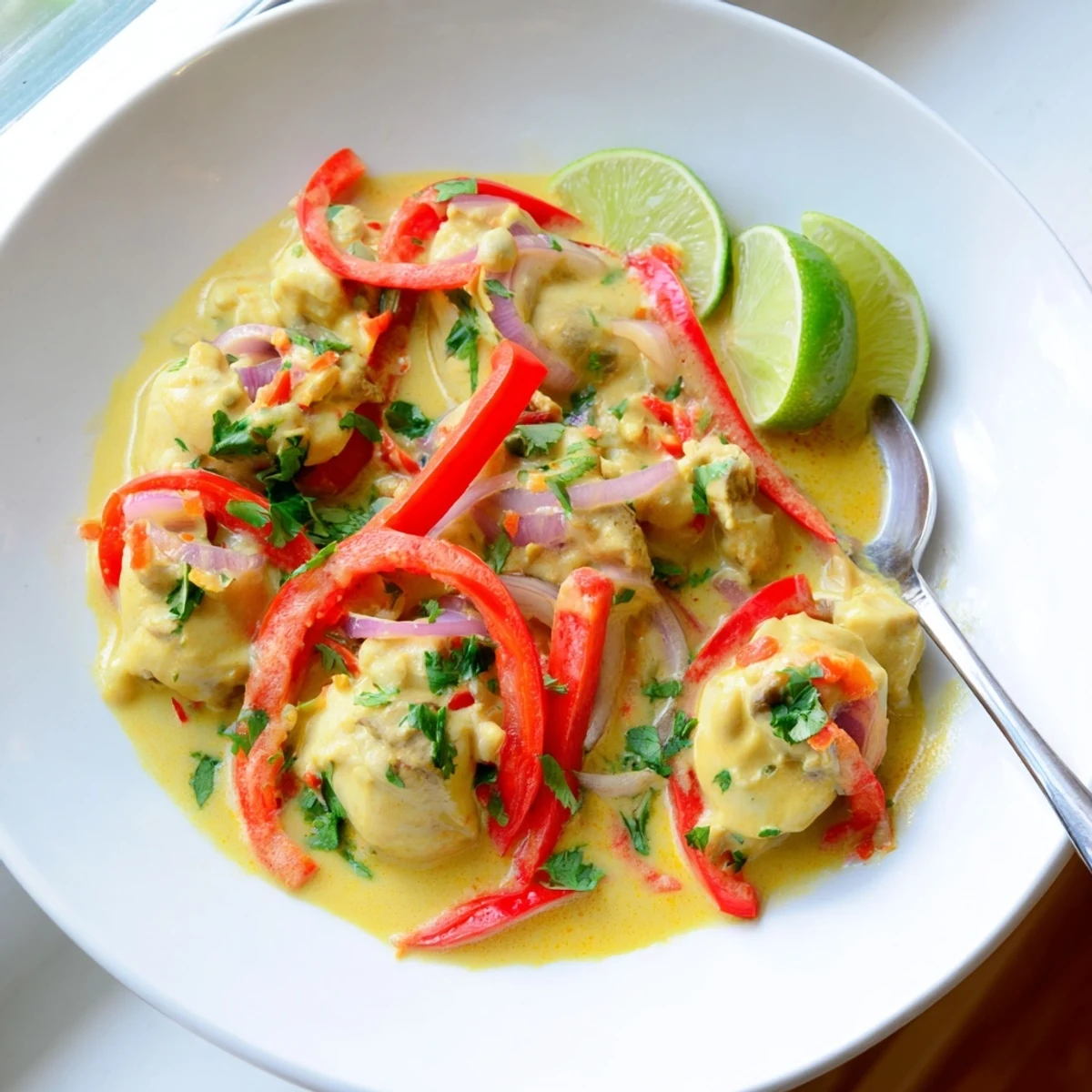Golden chicken pieces simmered in a rich, creamy coconut sauce with vibrant red peppers and fresh green cilantro garnish