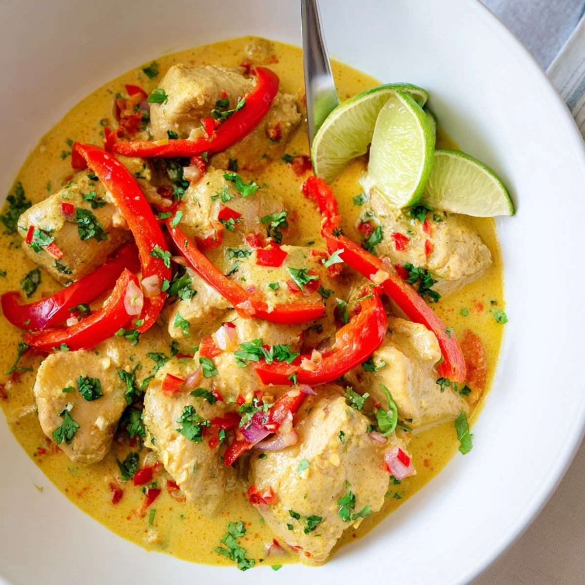 Tender spicy Brazilian coconut chicken served over fluffy white rice with lime wedges and chopped fresh herbs