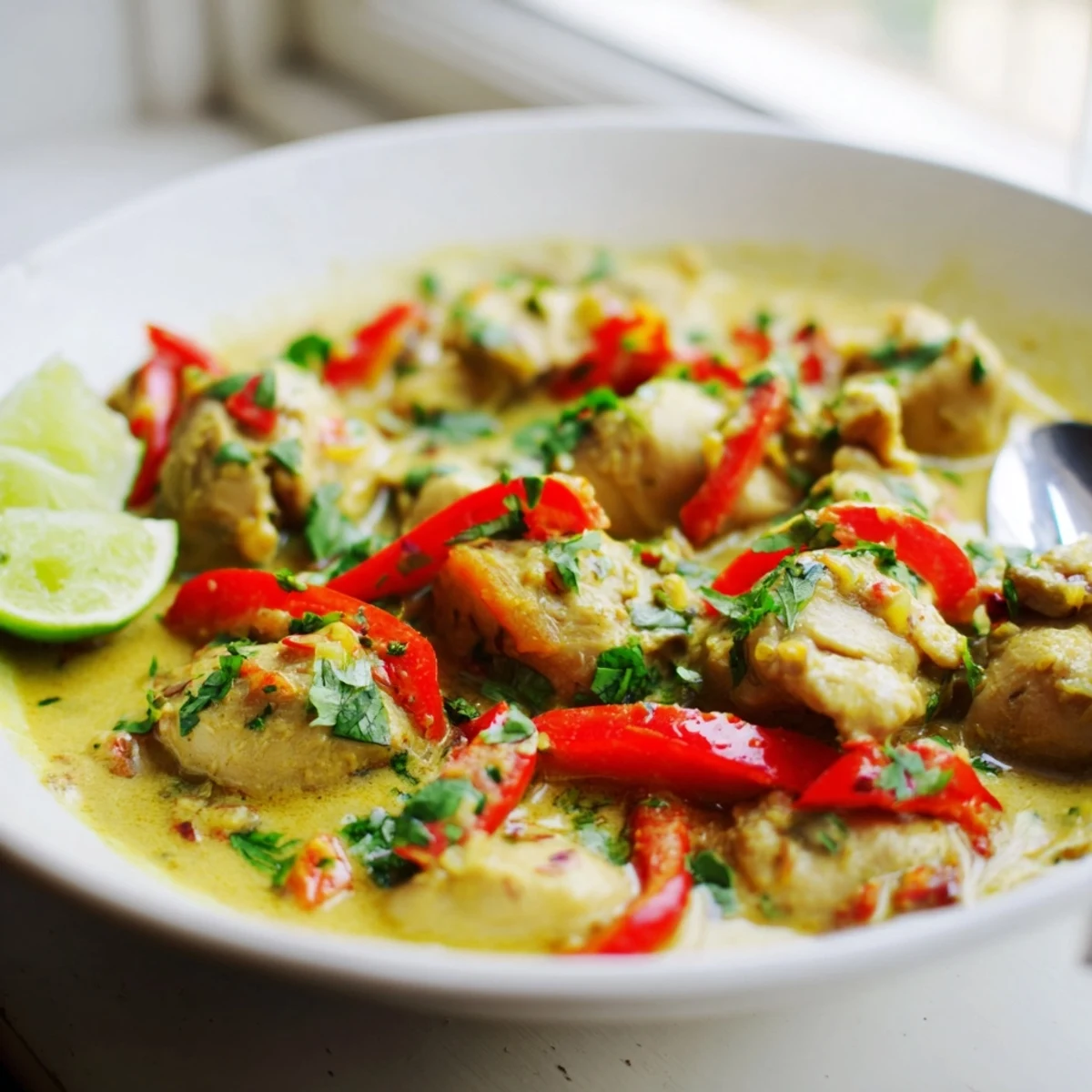Creamy coconut milk glazed chicken thighs with sautéed bell peppers and onions garnished with fresh cilantro sprigs