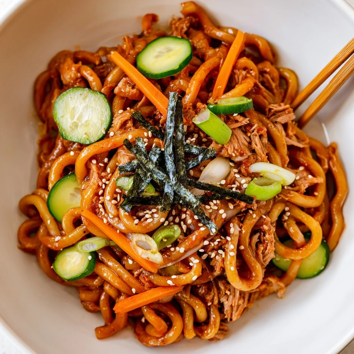 Thick udon noodles coated in spicy tuna sauce with fresh cucumber and carrot