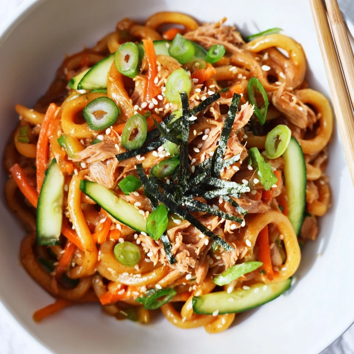 Vibrant Spicy Tuna Udon bowl topped with sesame seeds, nori, and fresh chilies