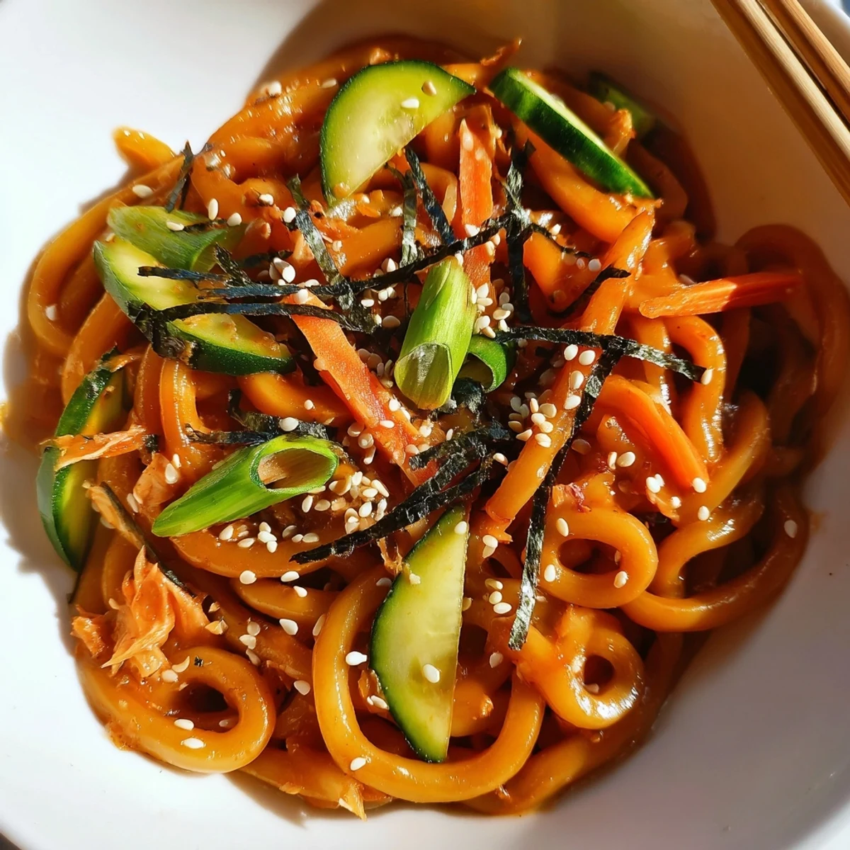 Japanese-inspired spicy tuna udon noodles tossed with colorful vegetables and creamy sriracha mayo