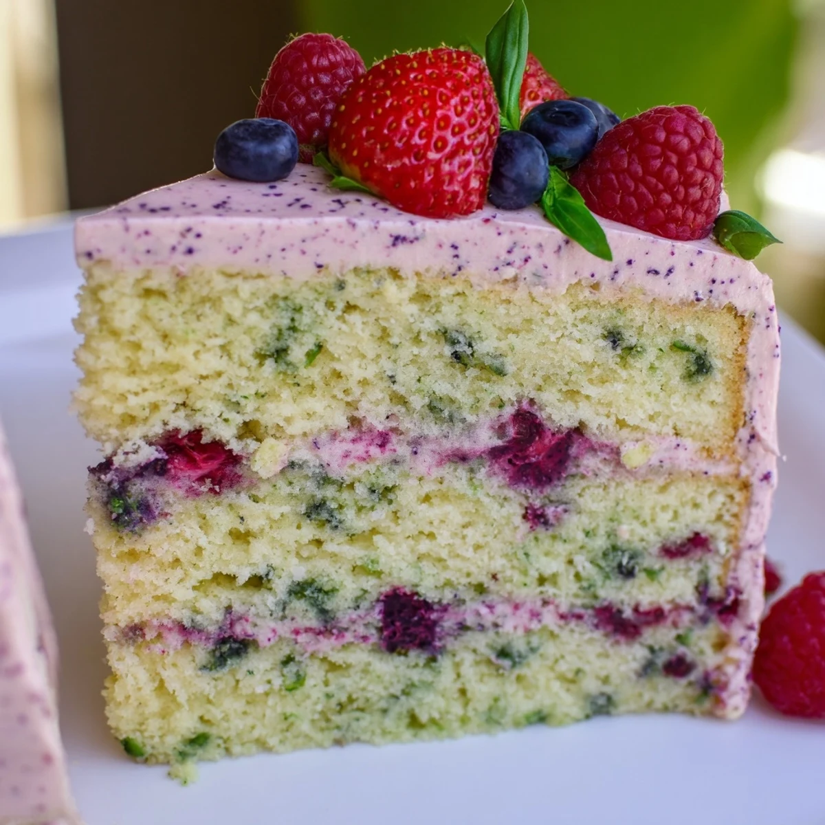 Golden basil berry cake slice topped with vibrant fresh berries and green basil leaves