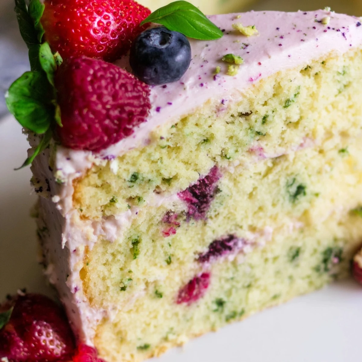 Elegant basil berry cake decorated with fresh strawberries raspberries basil on white serving plate