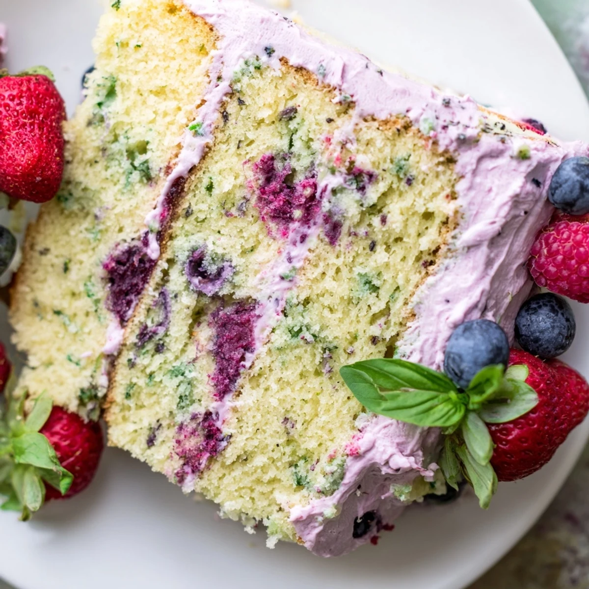 Frosted basil berry cake showcasing colorful mixed berries embedded in moist vanilla basil batter