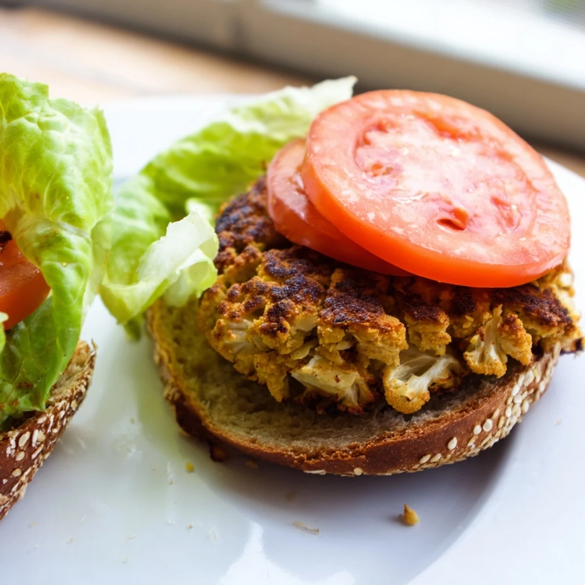 Golden brown chickpea cauliflower burger on a toasted bun with fresh lettuce and tomato