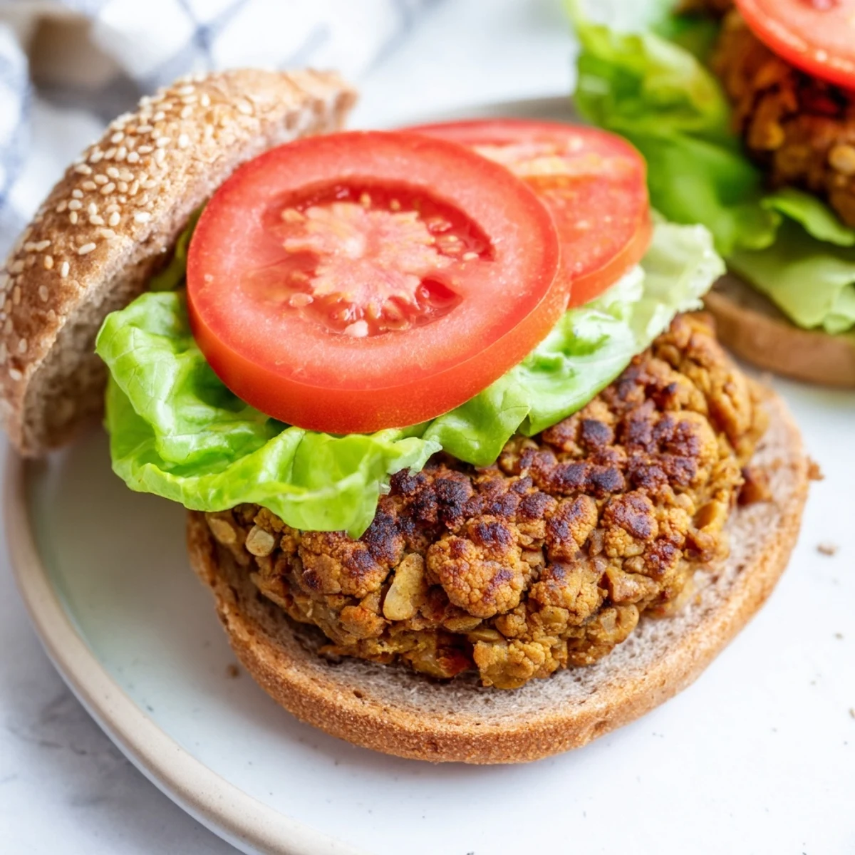 Homemade chickpea cauliflower burger served on a bun with roasted vegetables and greens