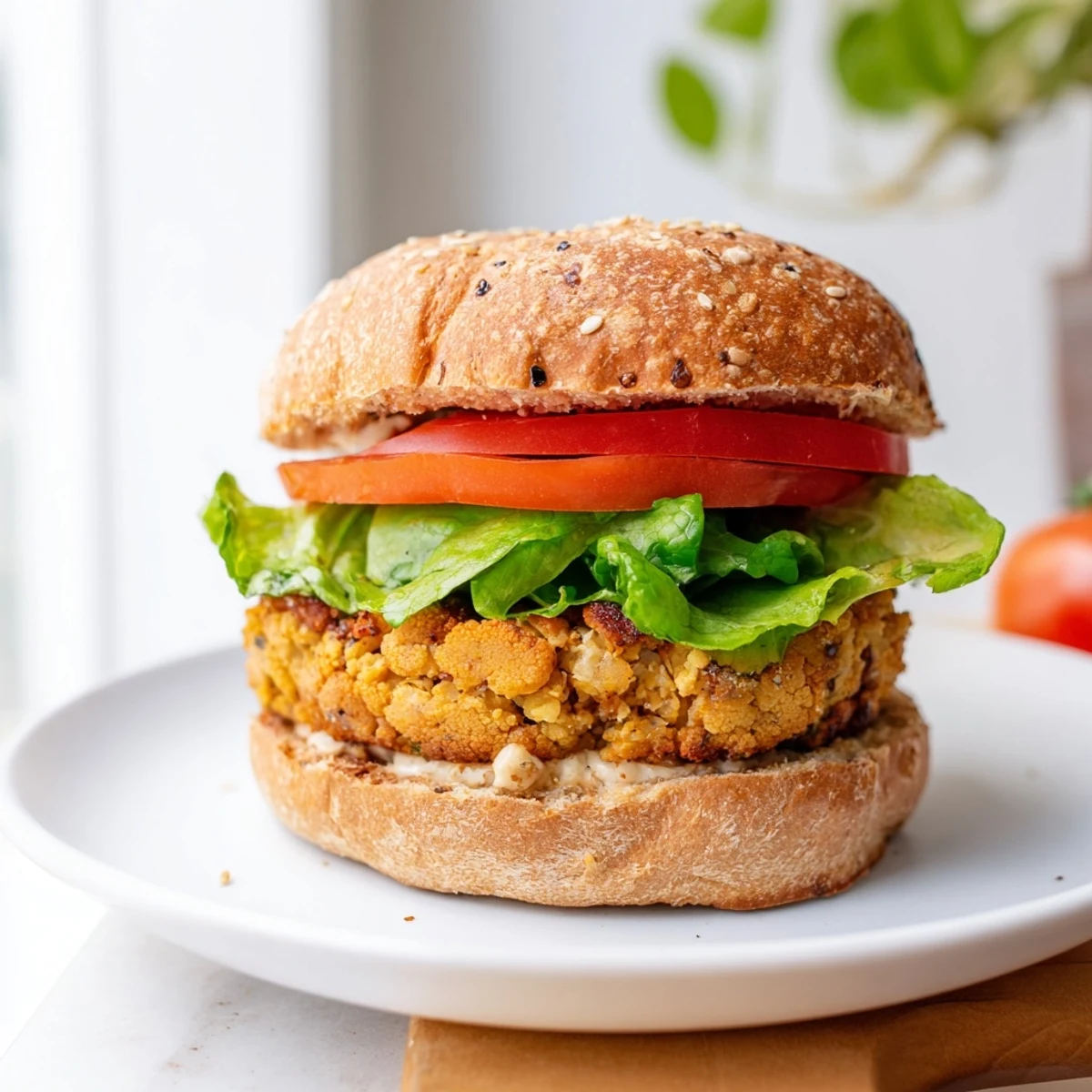 Hearty vegetarian chickpea cauliflower burger patty topped with creamy sauce and crisp pickles