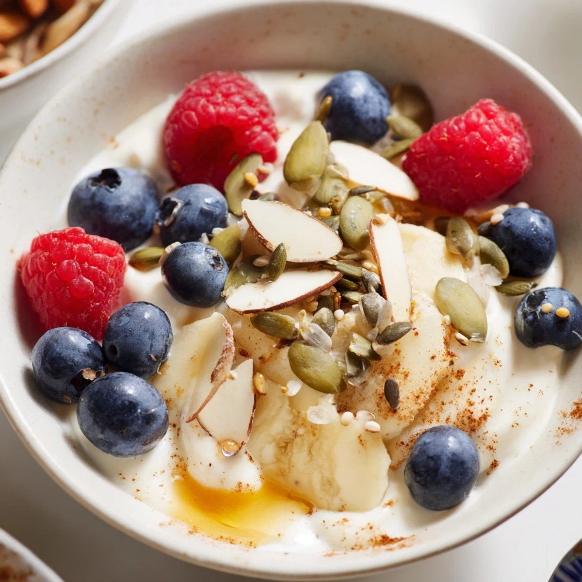 Vibrant breakfast bowl featuring Greek yogurt layered with colorful fruit seeds and almond slices