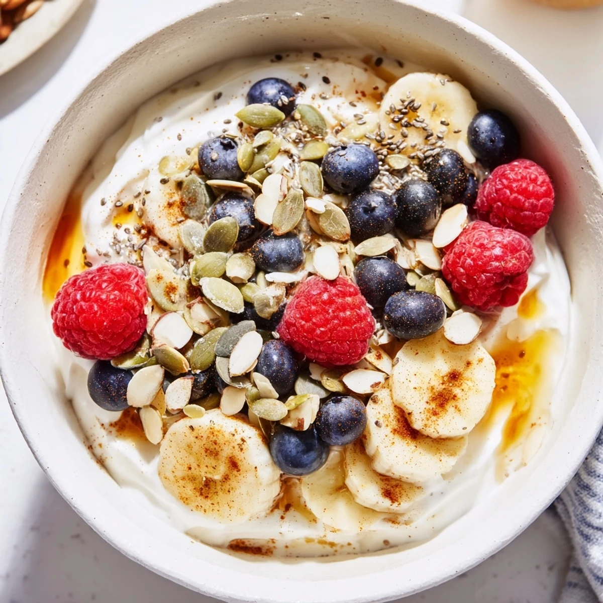 Creamy high protein Greek yogurt bowl topped with fresh berries banana and crunchy nuts