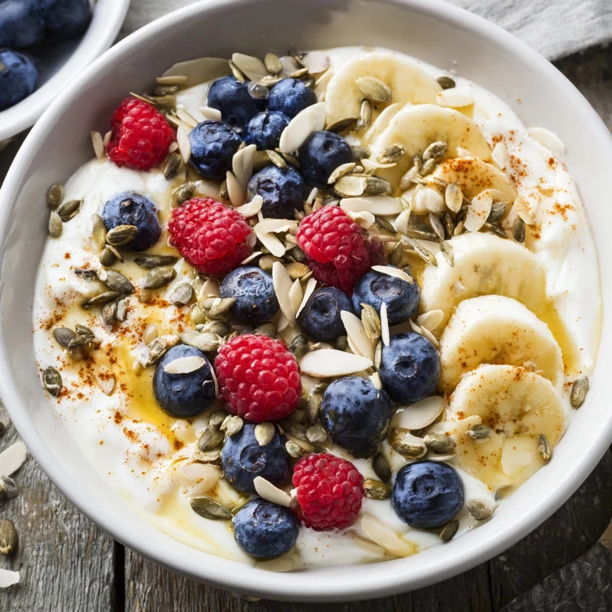 Nourishing high protein Greek yogurt bowl arranged with mixed berries banana and wholesome toppings