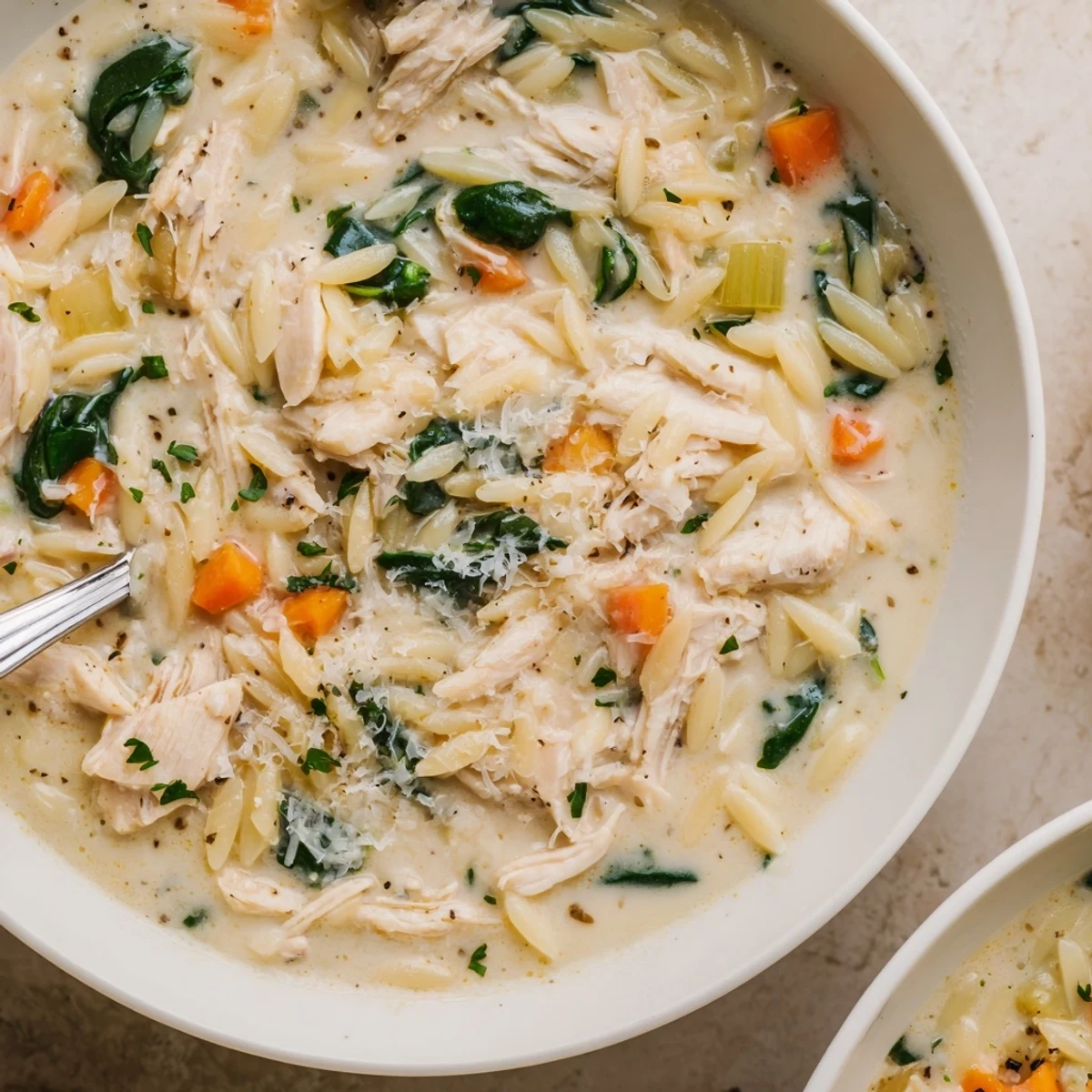 Steaming Creamy Chicken Florentine Soup With Orzo, tender chicken, wilted spinach, creamy broth  