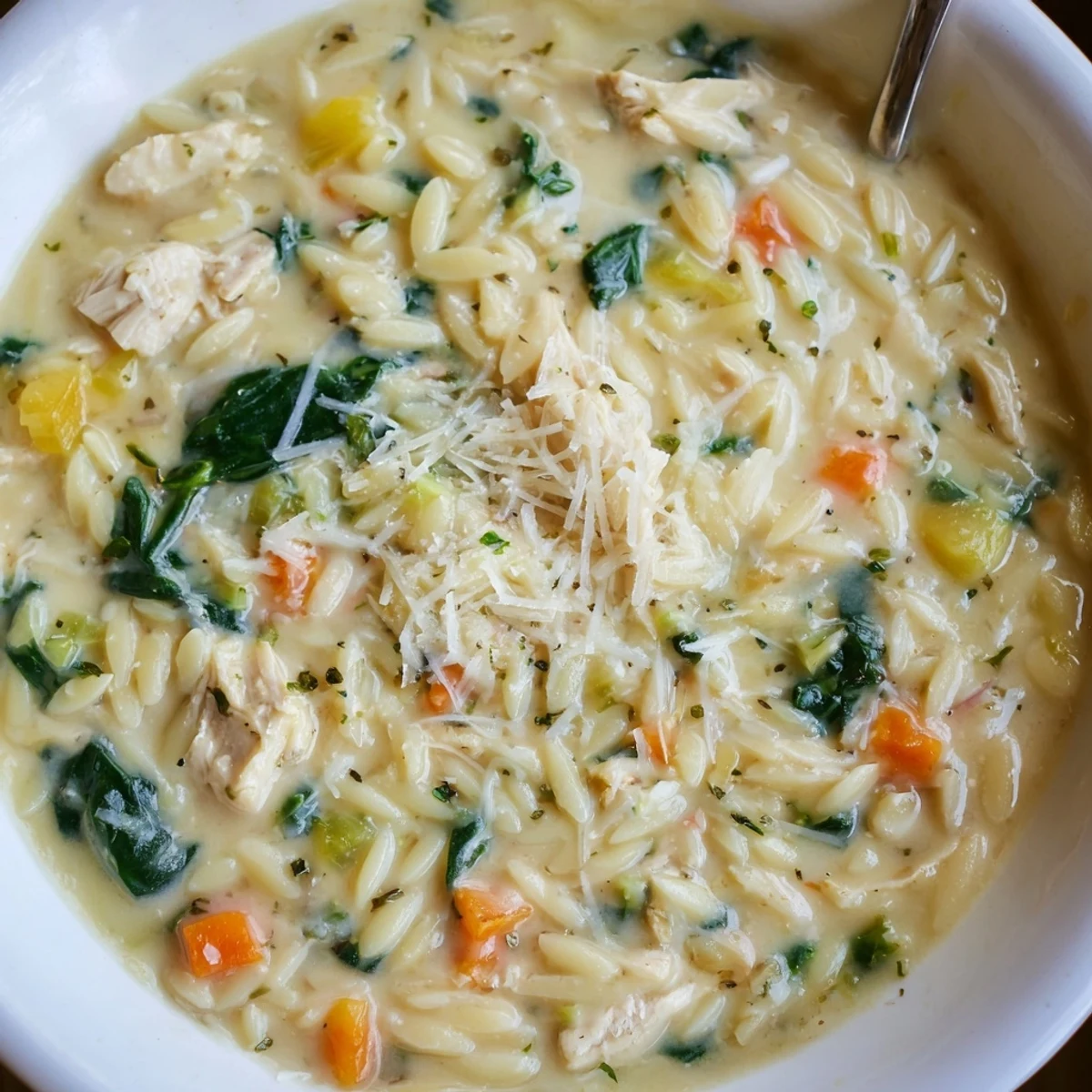 Cozy, silky Creamy Chicken Florentine Soup With Orzo served with crusty bread