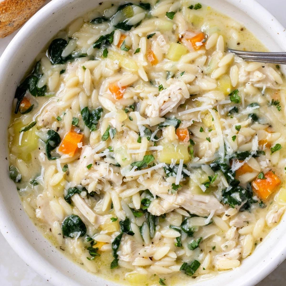 Bowl of Creamy Chicken Florentine Soup With Orzo, tender shreds of chicken, Parmesan  