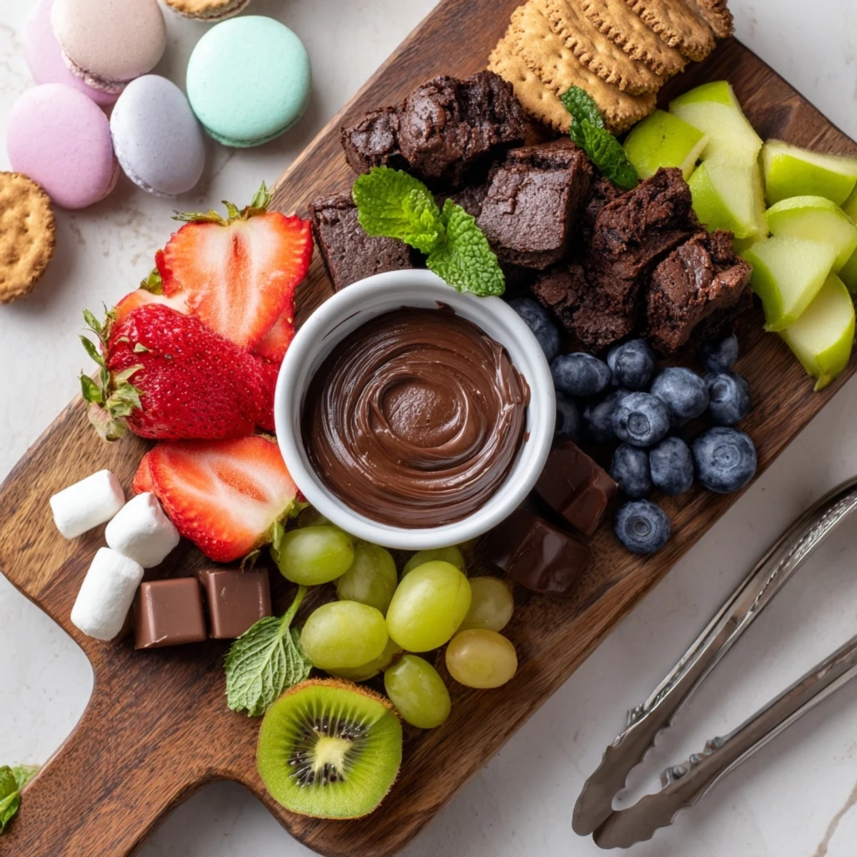 Vibrant Dessert Charcuterie Board showcasing sliced kiwi, macarons, and salted caramel