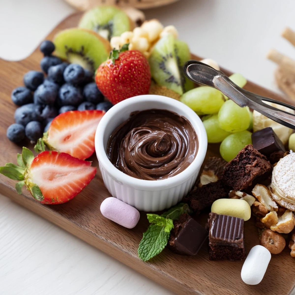 Dessert Charcuterie Board with strawberries, chocolates, and dips arranged for sharing