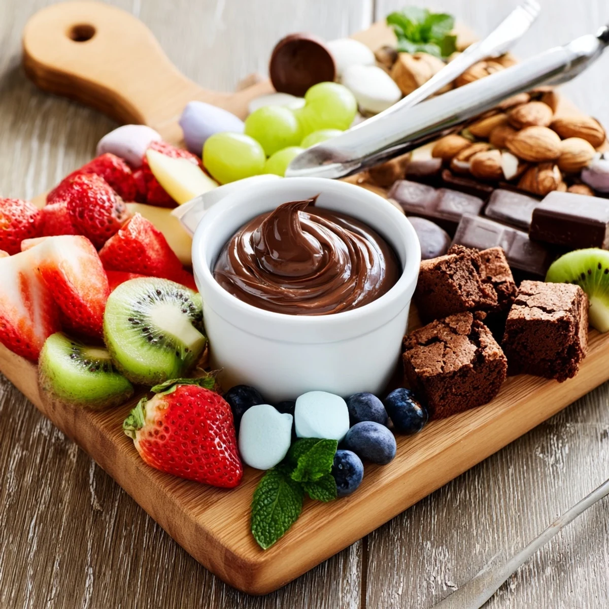Family-style Dessert Charcuterie Board ready to dip fruit into Nutella and whipped cream