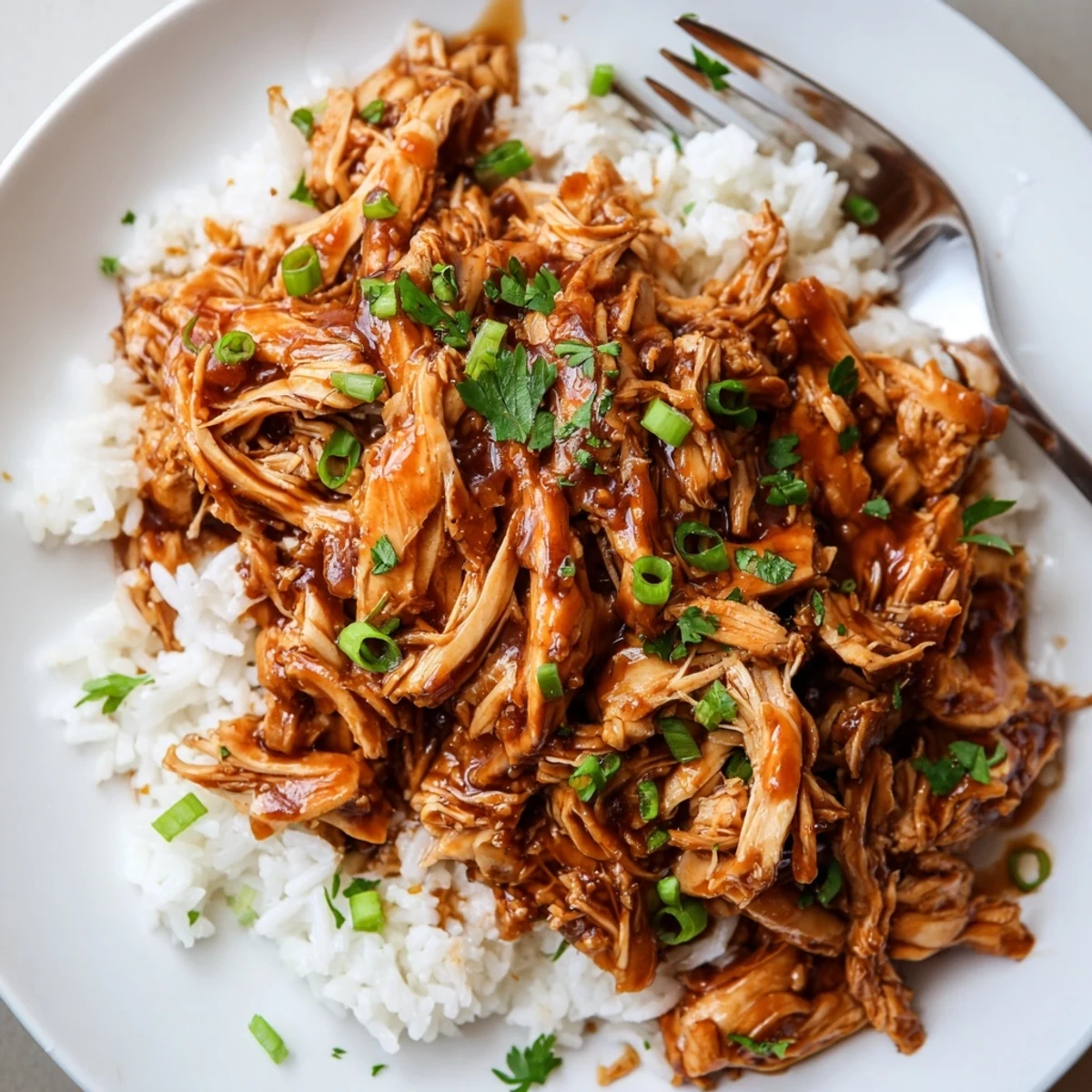 Crockpot Honey Garlic Chicken glazed in glossy amber sauce served over rice