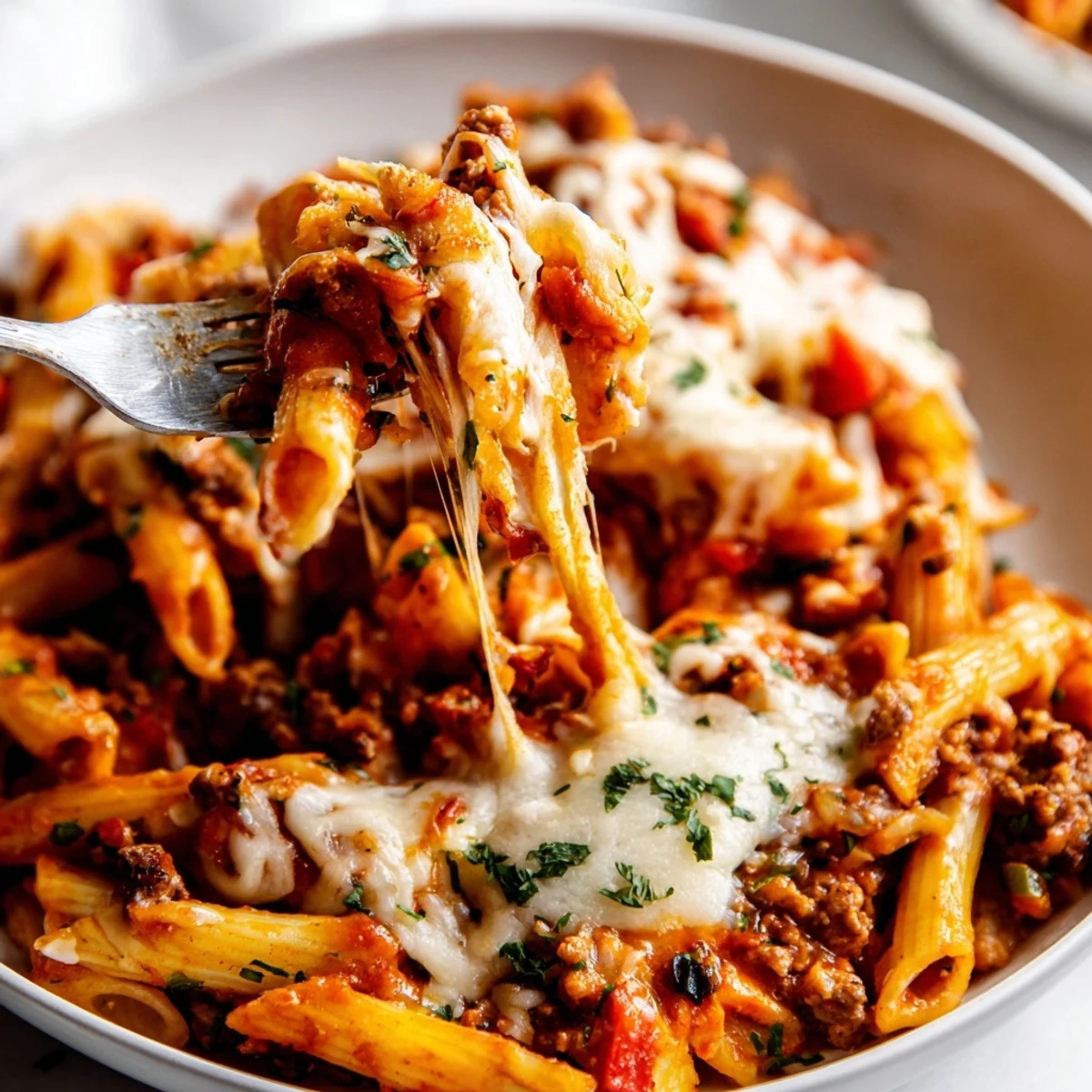 Cheesy Stuffed Pepper Skillet Pasta in a one pan skillet, savory tomato aroma