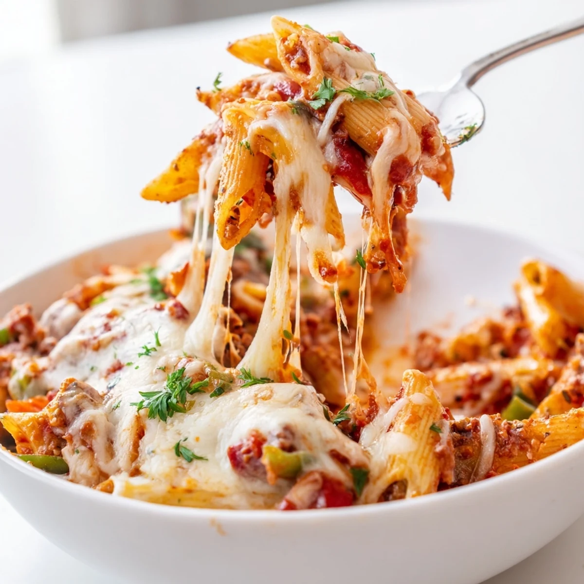 Cheesy Stuffed Pepper Skillet Pasta bubbling with melted mozzarella and tender peppers