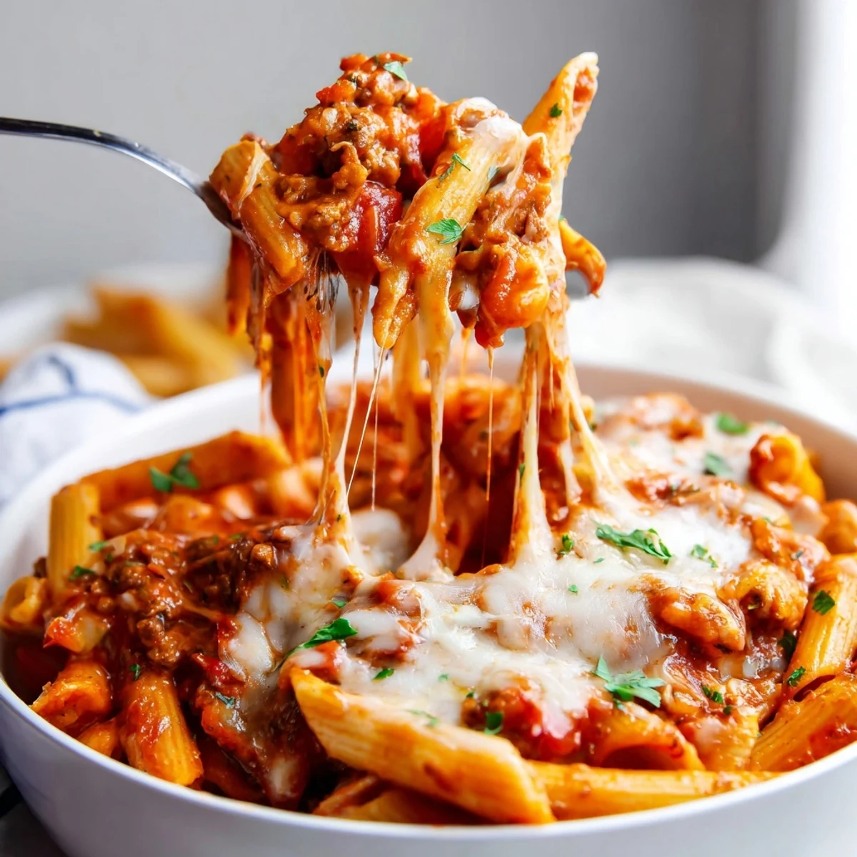 Fork twirled Cheesy Stuffed Pepper Skillet Pasta served hot with browned beef and herbs