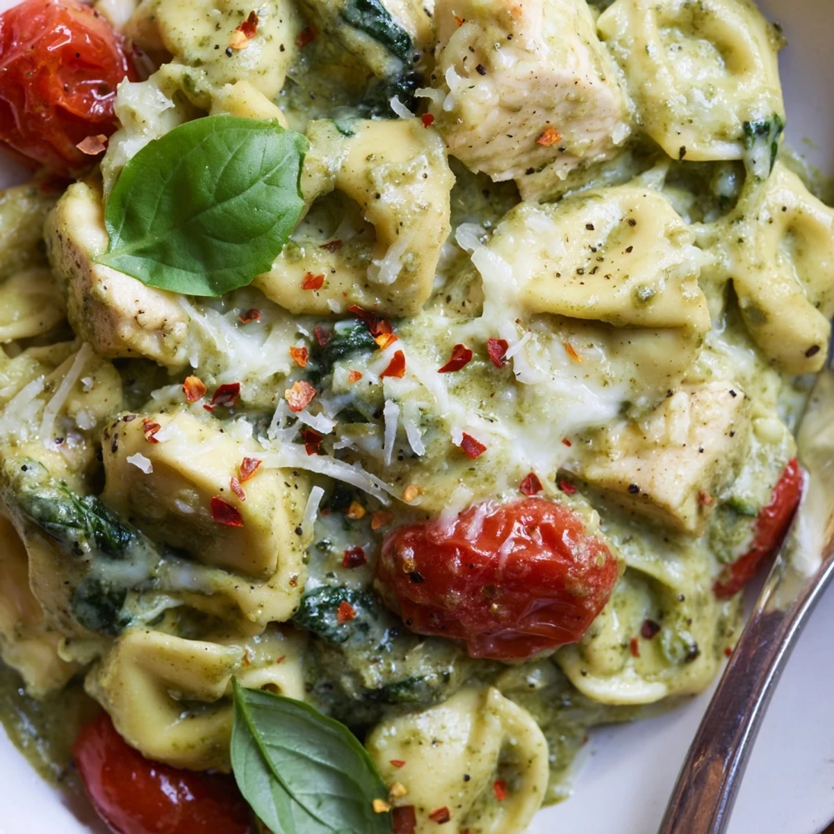 Slow Cooker Tortellini Casserole With Cheesy Chicken Pesto bubbling, golden cheese, creamy basil sauce