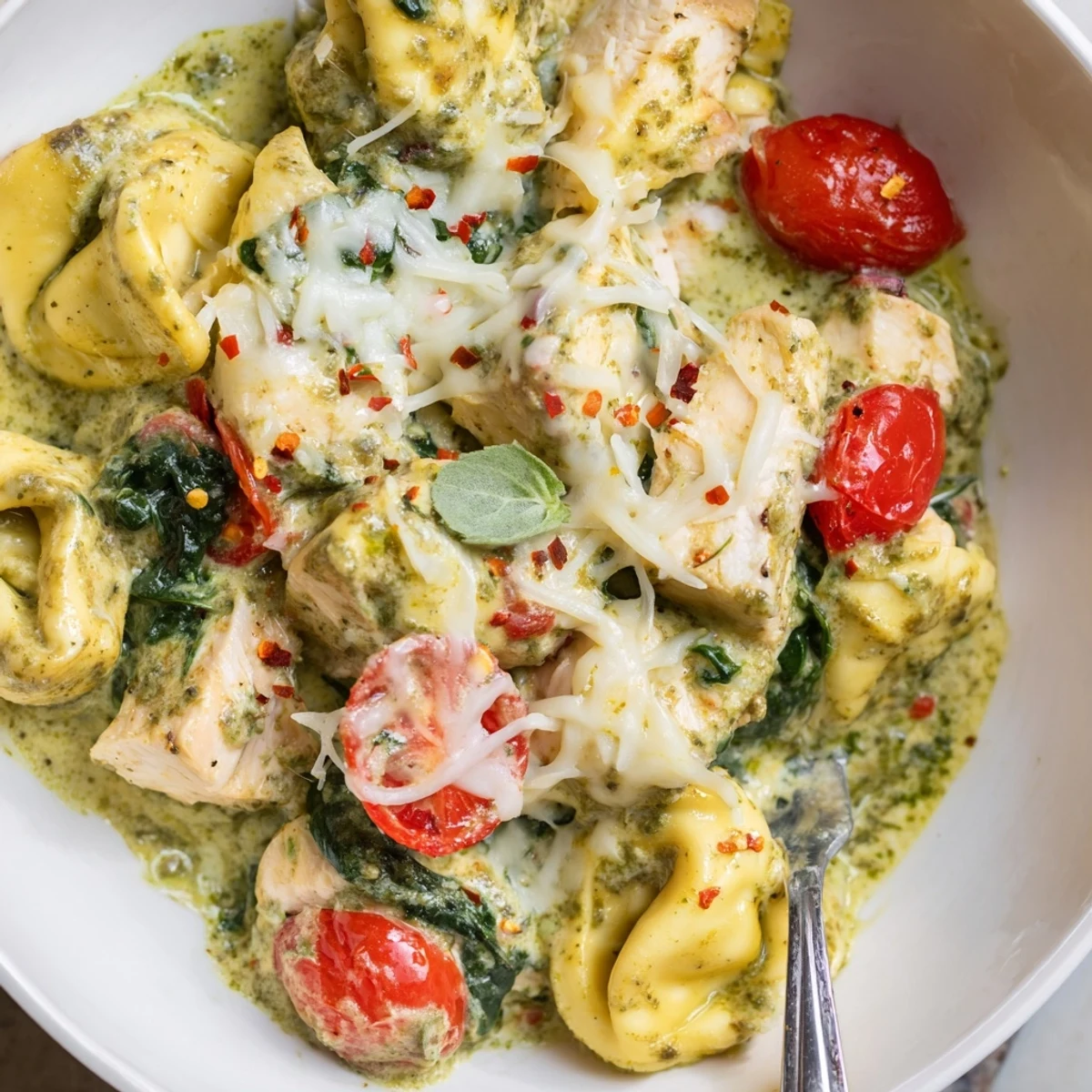 Family-style Slow Cooker Tortellini Casserole With Cheesy Chicken Pesto, vibrant spinach and cherry tomatoes