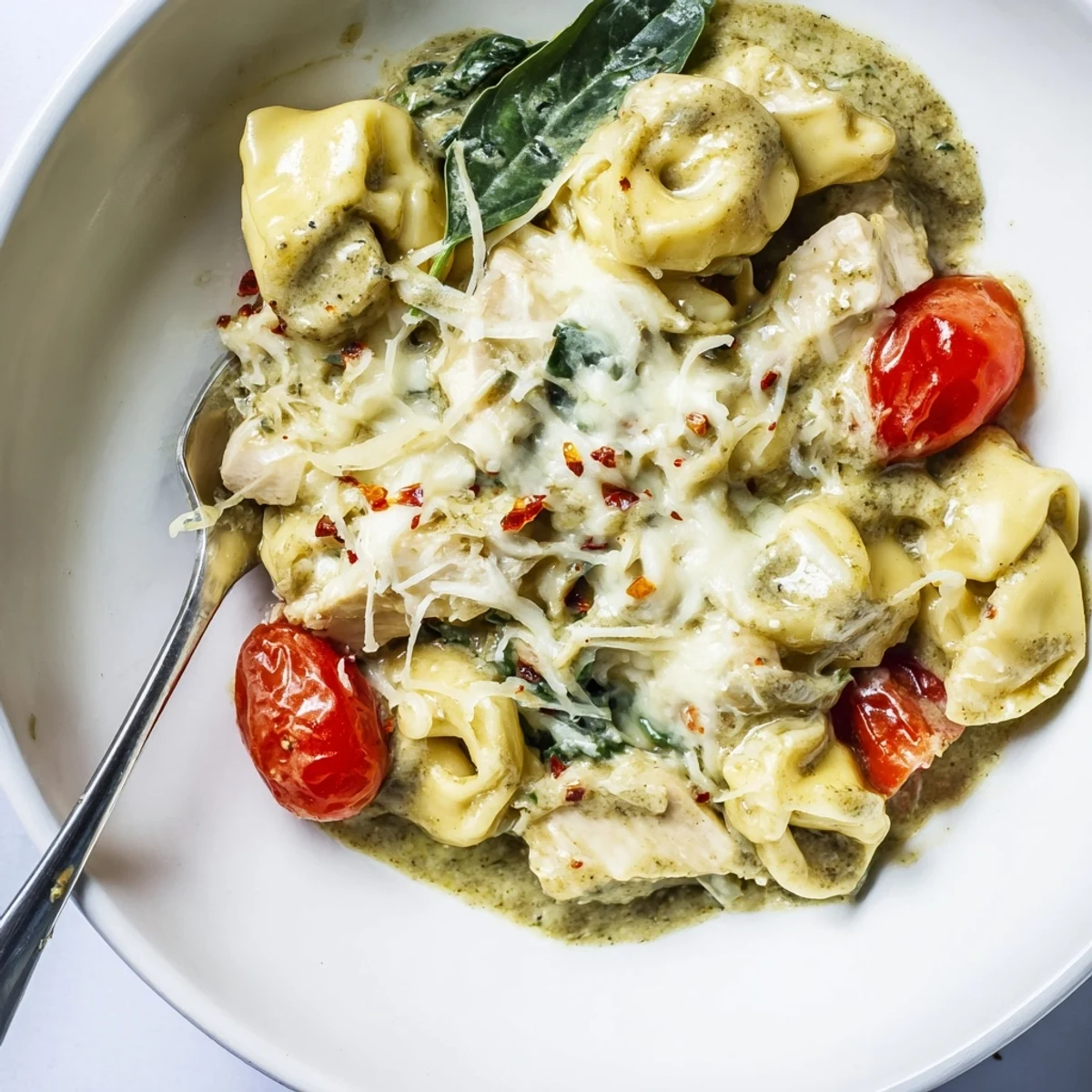 Hearty Slow Cooker Tortellini Casserole With Cheesy Chicken Pesto served steaming and oozing cheese