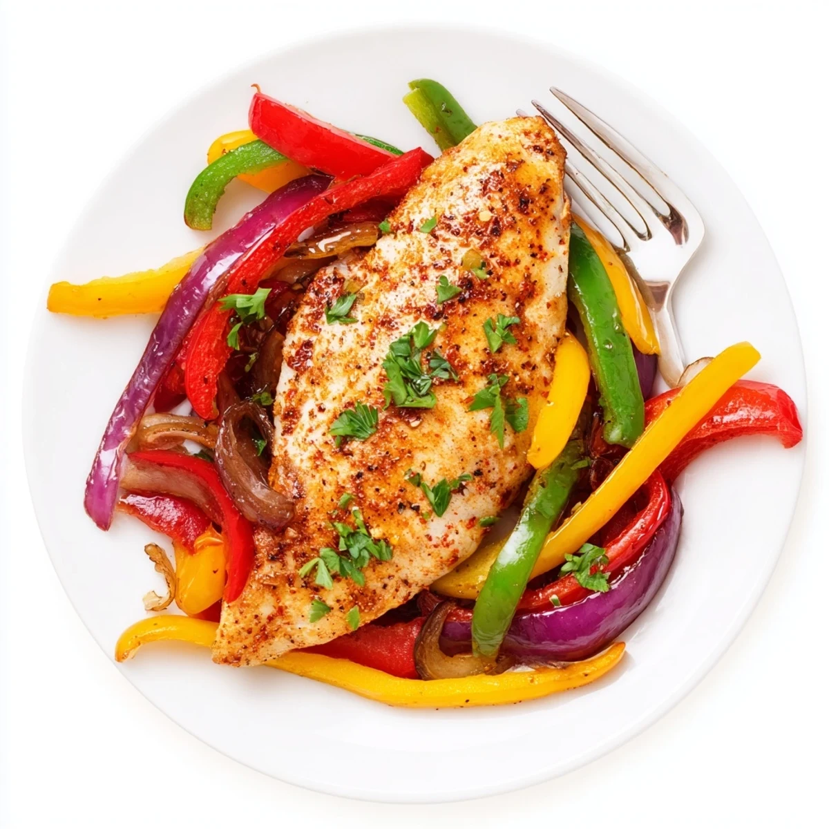 One Pan Chicken And Peppers with golden seared chicken and colorful peppers  