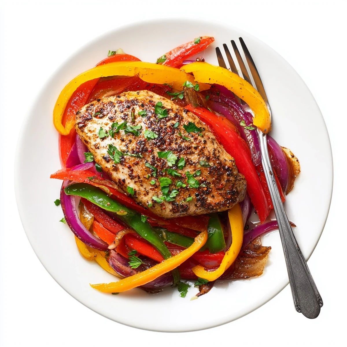 Weeknight One Pan Chicken And Peppers served over rice with parsley garnish
