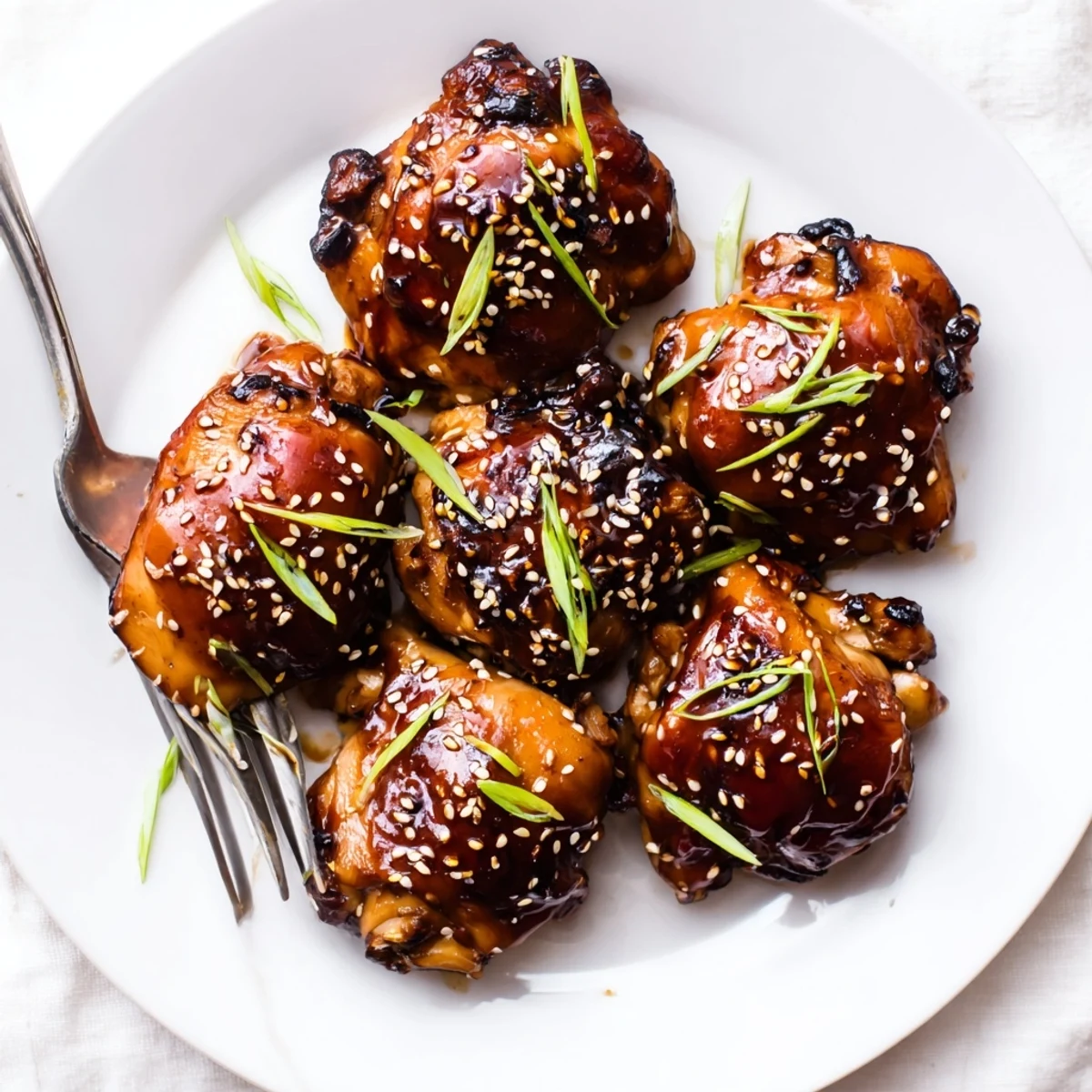 Juicy Korean Chicken Thighs glazed and caramelized, steaming on a white platter.