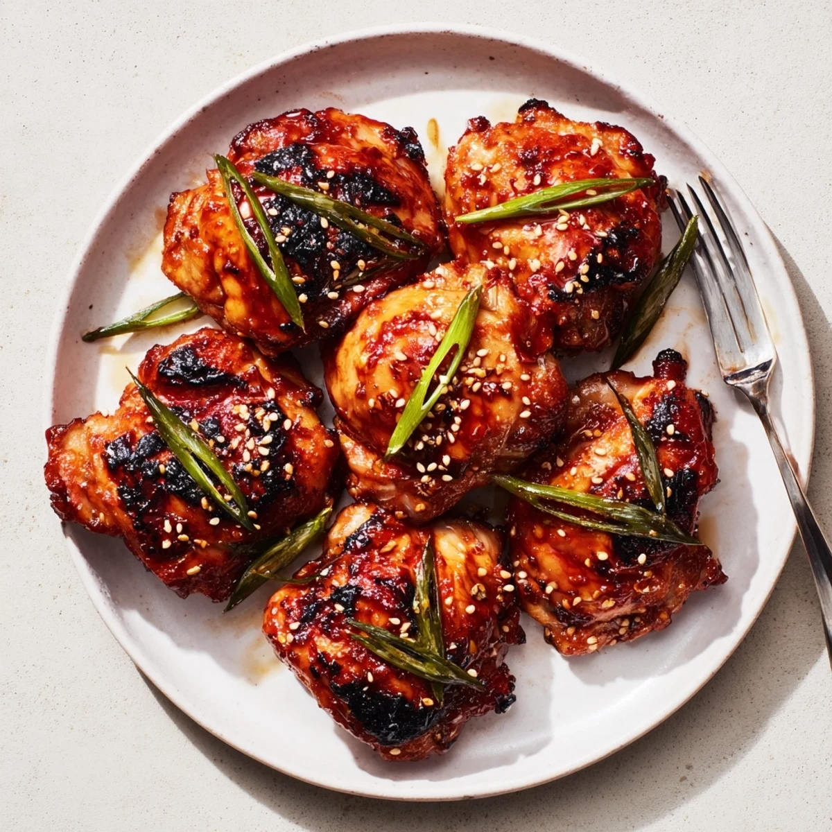 Warm Juicy Korean Chicken Thighs marinated in soy-garlic-ginger, served with rice.