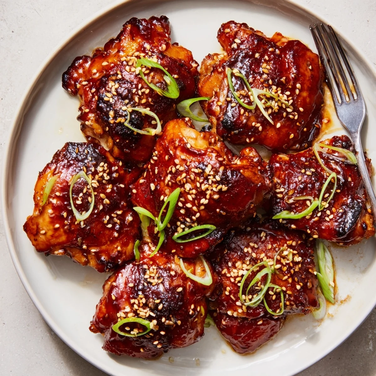 Charred Juicy Korean Chicken Thighs topped with sesame seeds and sliced green onions.
