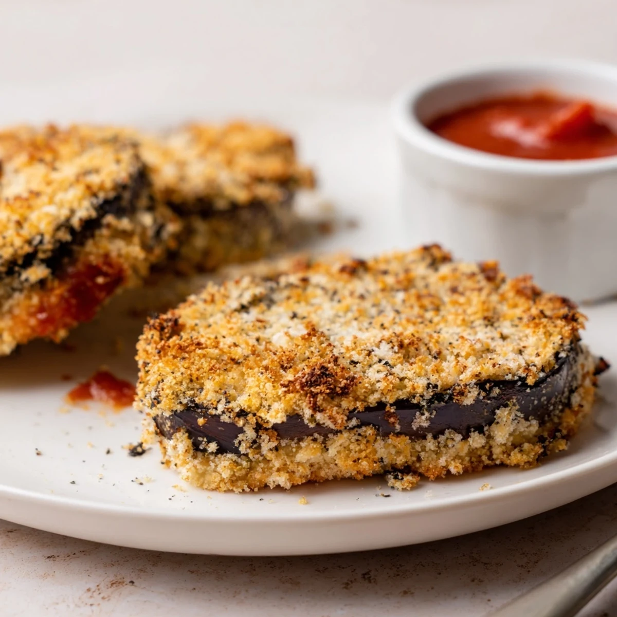 Crispy Baked Eggplant slices golden and crunchy, served with marinara dipping sauce