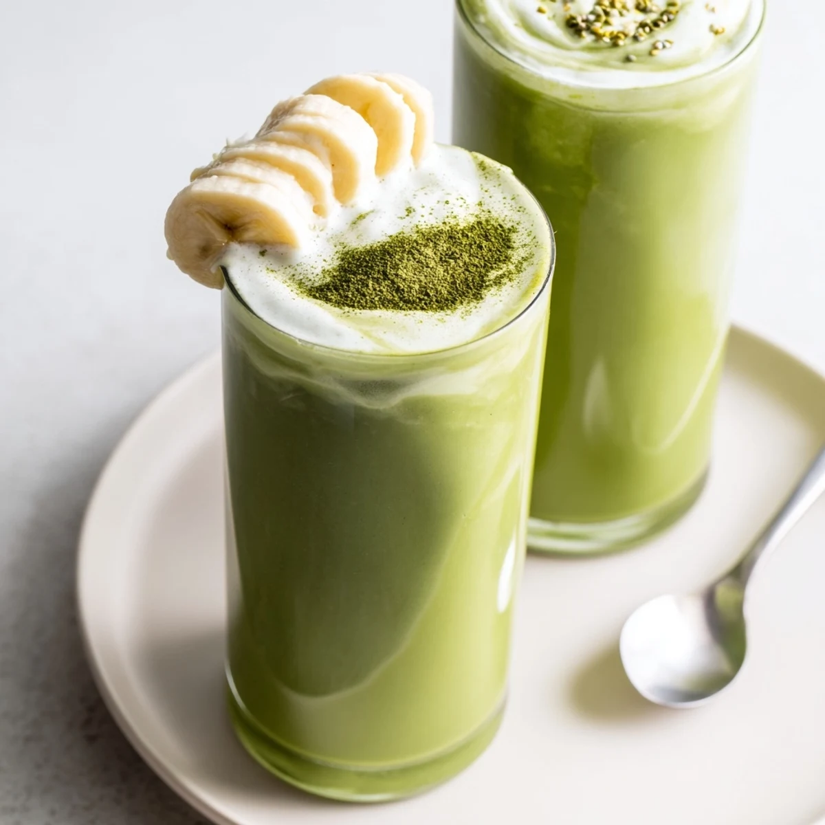 Creamy Matcha Smoothie with banana and almond milk, served chilled