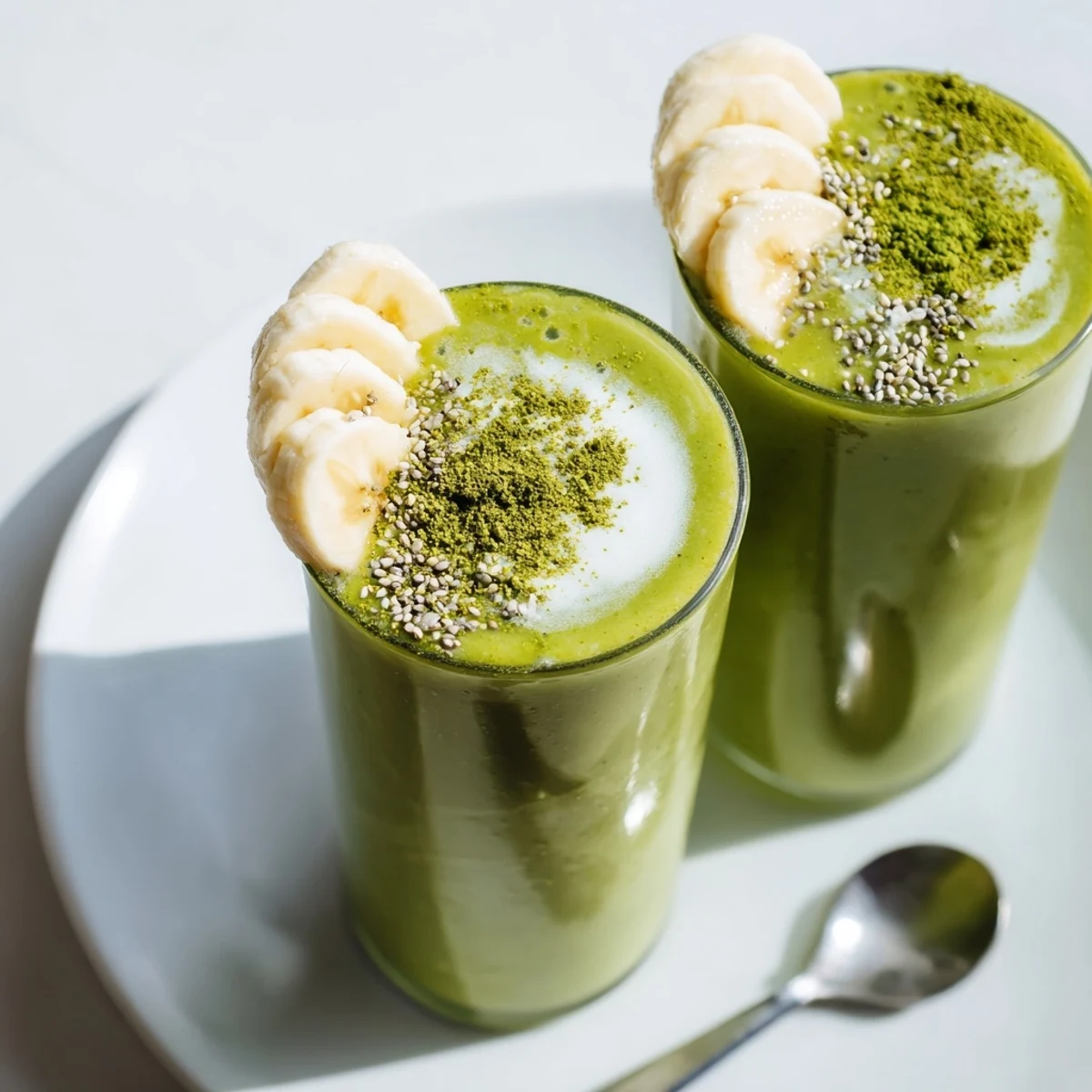 Icy Matcha Smoothie blended with banana, maple sweetness, poured into glasses