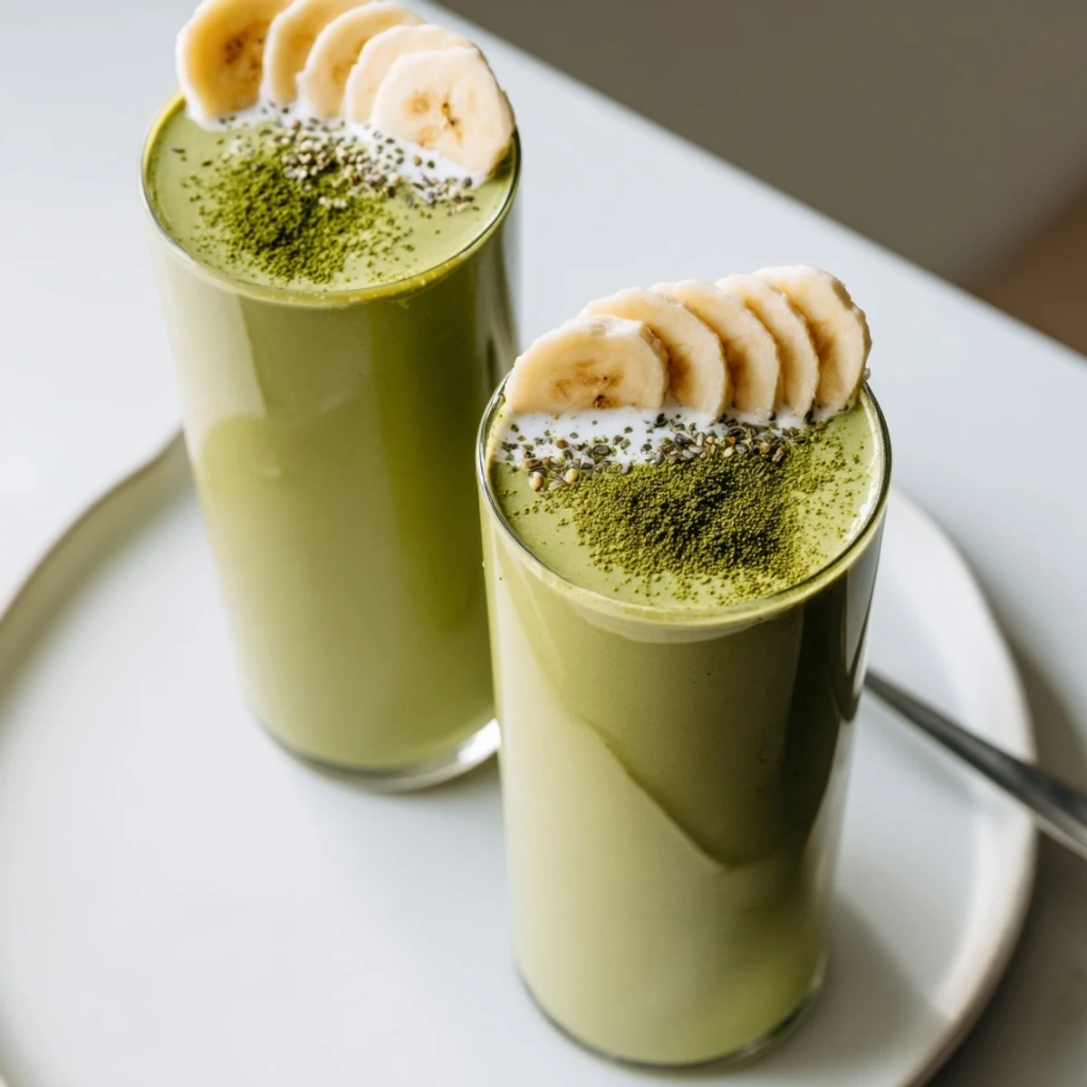 Vibrant green Matcha Smoothie, frothy texture, perfect for morning energy