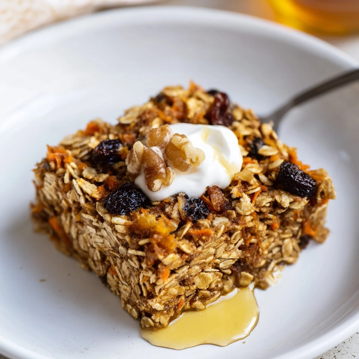 Slice of Carrot Cake Baked Oatmeal steaming on plate with creamy yogurt