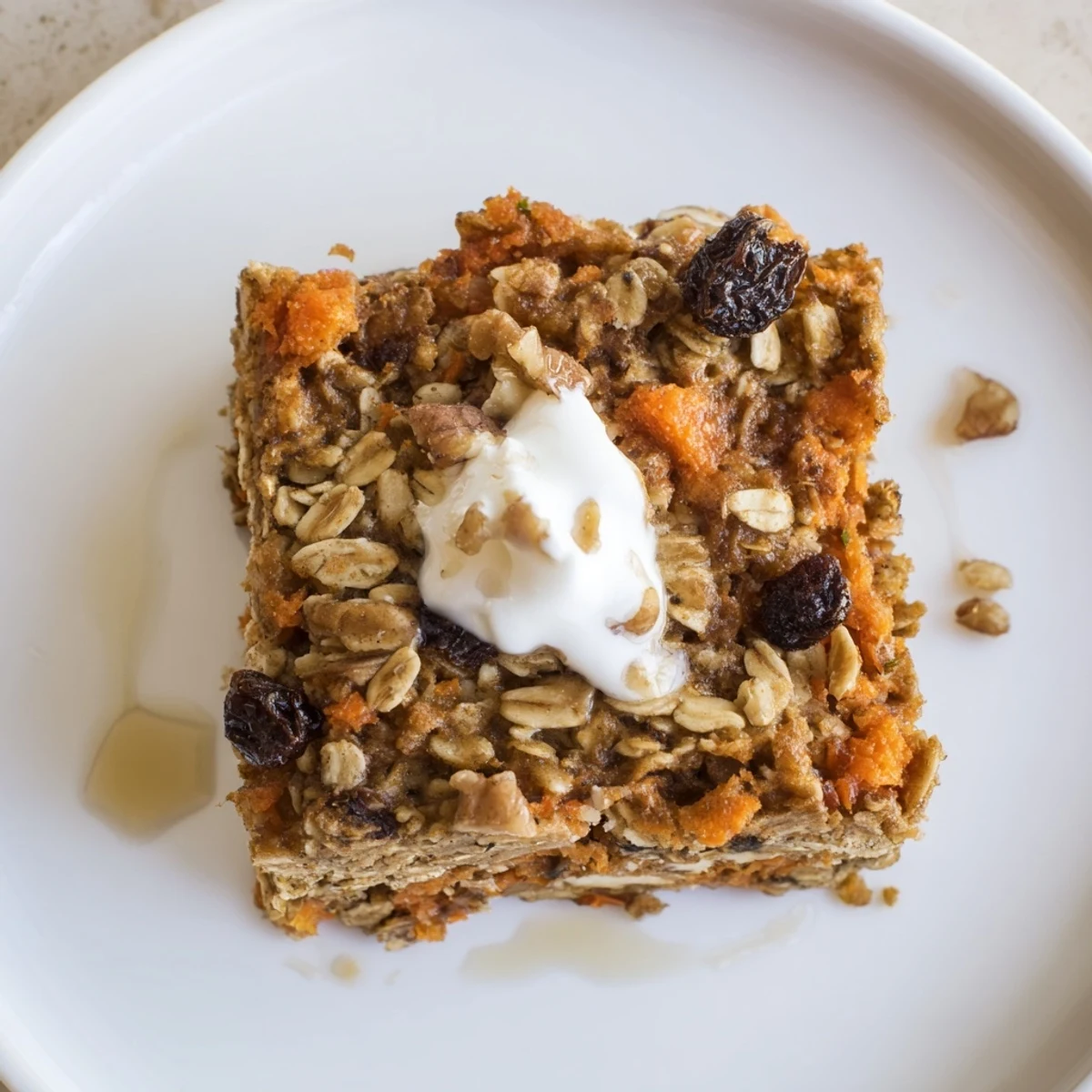 Warm Carrot Cake Baked Oatmeal with cinnamon scented top and toasted walnuts