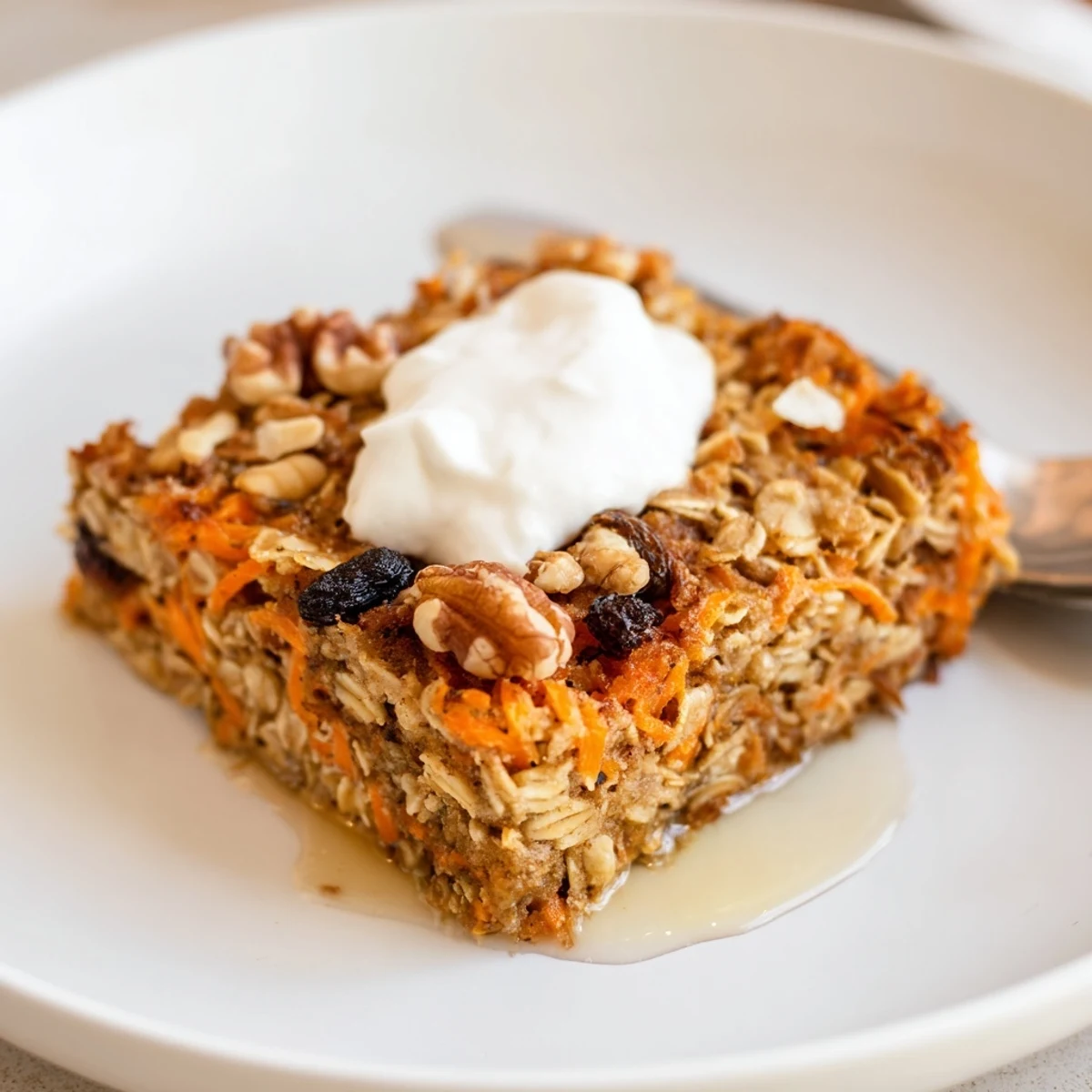 Hearty Carrot Cake Baked Oatmeal studded with raisins, served warm with maple drizzle