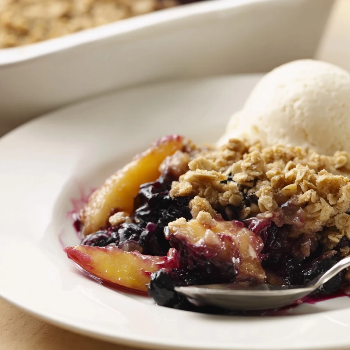 Warm Blueberry Peach Crumble with toasted oat topping, served alongside vanilla ice cream