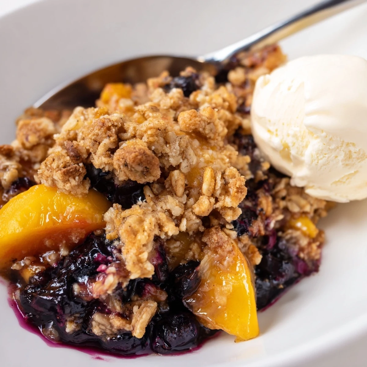 Homestyle Blueberry Peach Crumble cooling on countertop, flaky topping and bubbling fruit