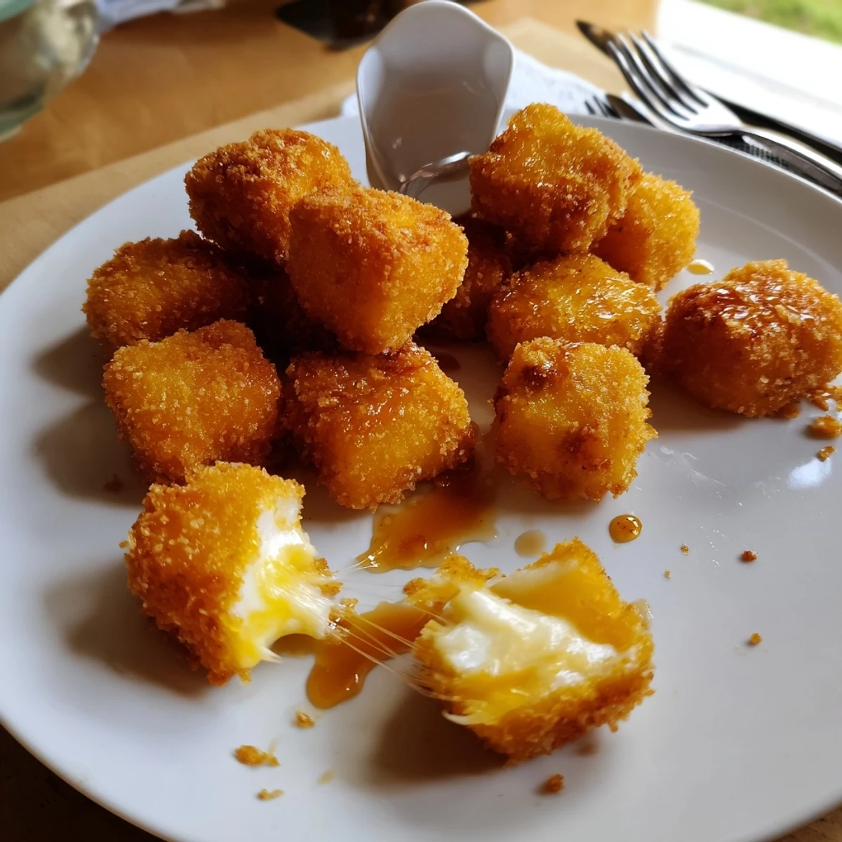 Serving suggestion: Irresistible Crispy Mozzarella Poppers With Maple Glaze drizzled, gooey centers