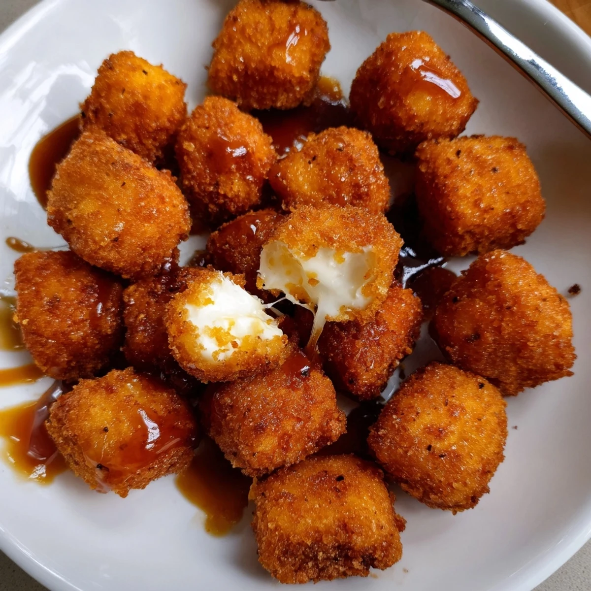 Crisp exterior, melty inside: Irresistible Crispy Mozzarella Poppers With Maple Glaze on plate