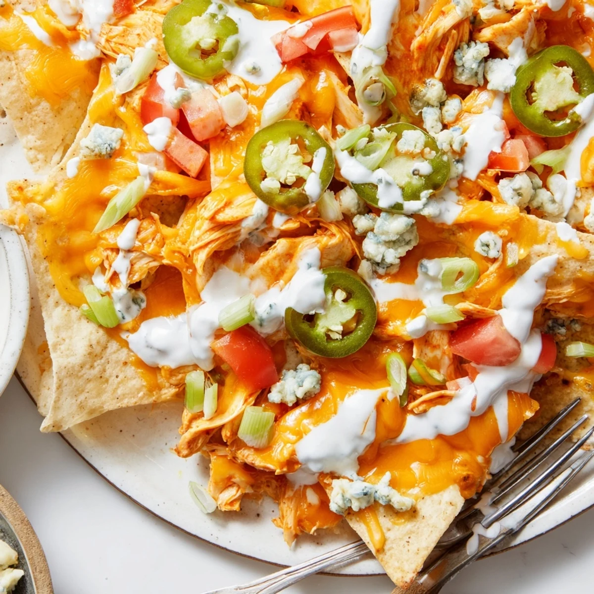 Oven-baked Buffalo Chicken Nachos bubbling with cheese, jalapeño slices, perfect for game day.