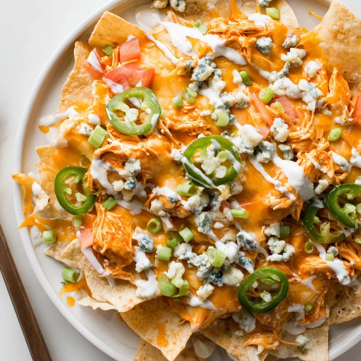 Crispy Buffalo Chicken Nachos topped with melted cheddar, scallions, and ranch drizzle.