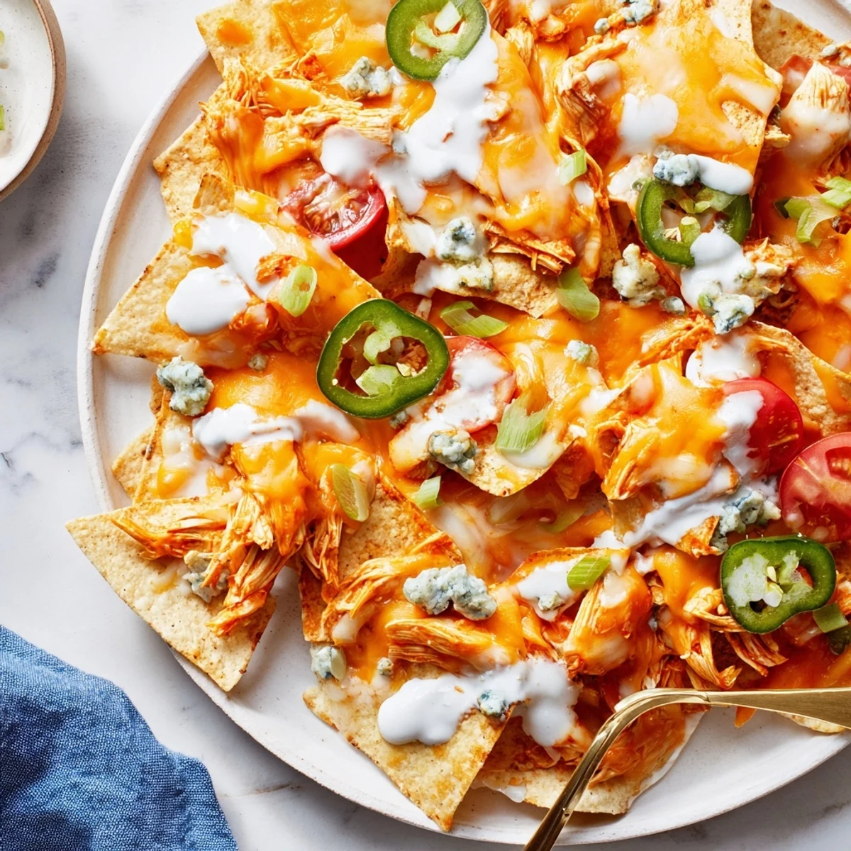 Spicy Buffalo Chicken Nachos on a sheet pan, melty cheese, zesty buffalo aroma.