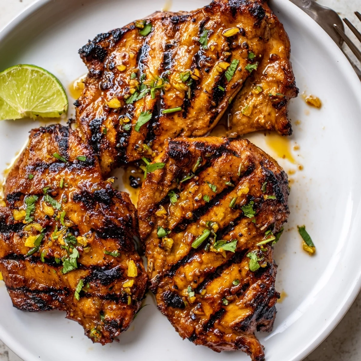 Key West Grilled Chicken With Tropical Citrus Marinade sizzling charred, juicy, garnished with lime